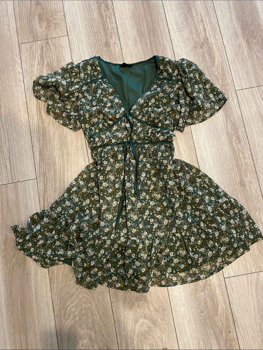 Blu Pepper Green Floral Tie-Front Mini Dress
